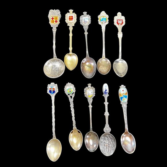 Set Of 10 Vtg Collectible Souvenir Spoons Enamel Shields Crest Europe So America - Picture 1 of 16